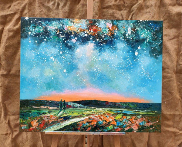 Landscape Painting on Canvas, Starry Night Sky Painting, Original Landscape Painting, Custom Canvas Painting for Dining Room-Art Painting Canvas