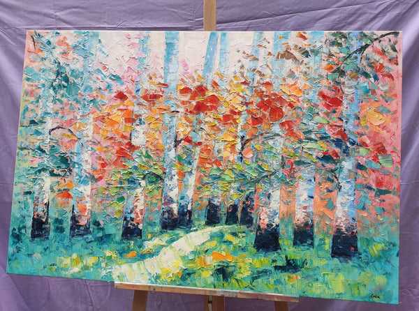 Custom Canvas Painting, Abstract Landscape Painting, Autumn Birch Tree, Canvas Painting-Art Painting Canvas