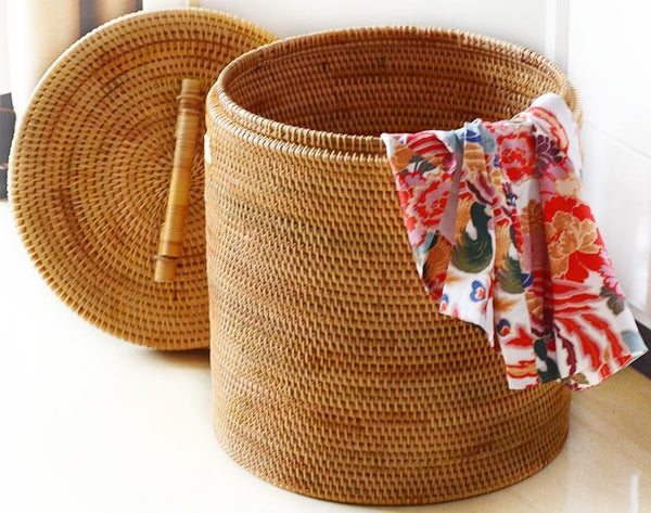 Large Laundry Storage Basket with Lid, Large Rattan Storage Basket for Bathroom, Woven Round Storage Basket for Clothes-Art Painting Canvas