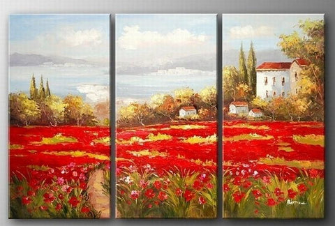 Italian Red Poppy Field, Canvas Painting, Landscape Art, Landscape Painting, Large Painting, Living Room Wall Art, Oil on Canvas, 3 Piece Oil Painting, Large Wall Art-Art Painting Canvas