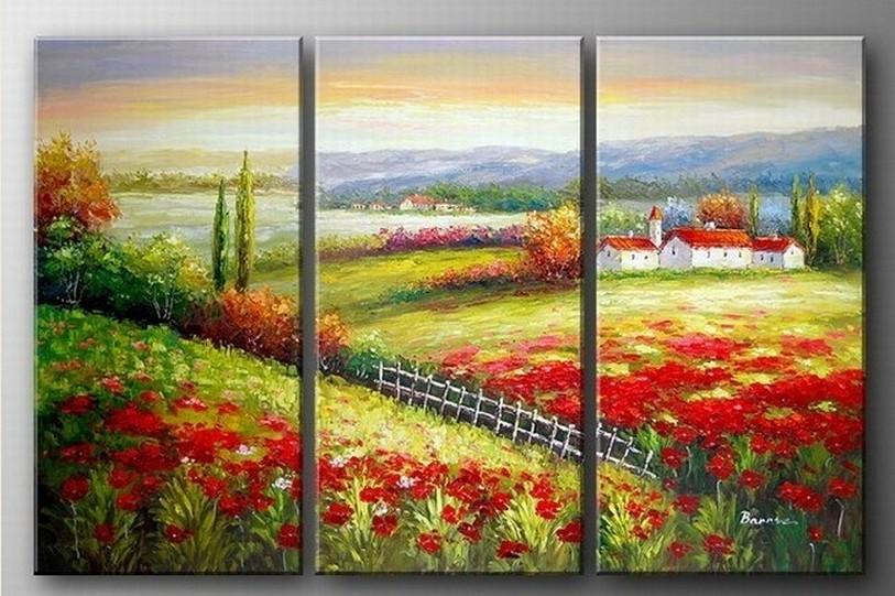 Landscape Art, Italian Red Poppy Field, Canvas Painting, Landscape Painting, Oil on Canvas, 3 Piece Oil Painting, Large Wall Art-Art Painting Canvas