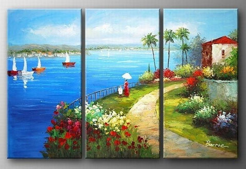 Landscape Art, Italian Mediterranean Sea, Sail Boat Art, Canvas Painting, Landscape Painting, Living Room Wall Art, Oil on Canvas, 3 Piece Oil Painting-Art Painting Canvas