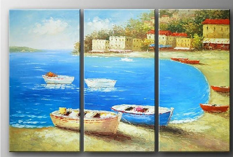Italian Mediterranean Sea, Landscape Art, Boat Art, Canvas Painting, Living Room Wall Art, Oil on Canvas, 3 Piece Oil Painting, Large Wall Art-Art Painting Canvas