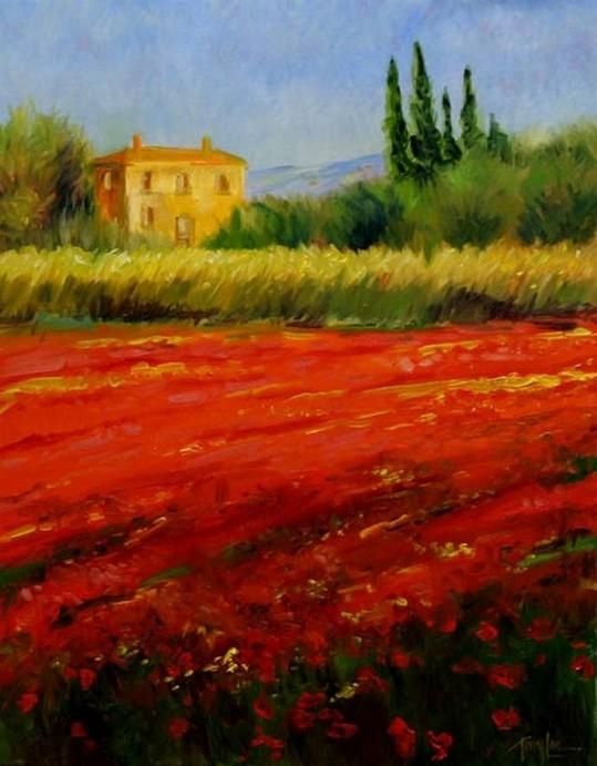Flower Field, Wall Art, Large Oil Painting, Canvas Painting, Landscape Painting, Living Room Wall Art, Cypress Tree, Wall Painting, Canvas Art, Red Poppy Field-Art Painting Canvas