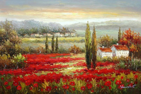 Flower Field, Wall Art, Large Painting, Canvas Oil Painting, Landscape Painting, Living Room Wall Art, Cypress Tree, Canvas Wall Art, Canvas Art, Red Poppy Field-Art Painting Canvas