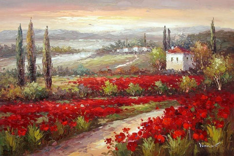 Flower Field, Canvas Oil Painting, Landscape Painting, Living Room Wall Art, Cypress Tree, Red Poppy Field-Art Painting Canvas