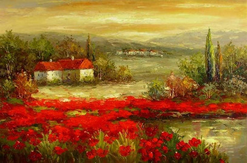 Flower Field Painting, Canvas Painting, Landscape Painting, Contemporary Wall Art, Large Painting, Living Room Wall Art, Cypress Tree, Oil Painting, Poppy Field-Art Painting Canvas