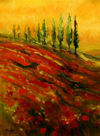 Red Poppy Field, Flower Field, Wall Art, Large Art, Canvas Art, Landscape Painting, Living Room Wall Art, Cypress Tree, Oil Painting, Large Wall Art-Art Painting Canvas