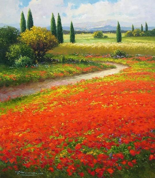 Flower Field, Wall Art, Impasto Art, Heavy Texture Painting, Landscape Painting, Living Room Wall Art, Cypress Tree, Oil Painting, Canvas Art, Red Poppy Field-Art Painting Canvas
