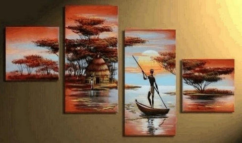 Sunset Boating Painting, Extra Large Painting, African Painting, Abstract Art, Living Room Wall Art, Modern Art, Extra Large Wall Art, Contemporary Art, Modern Art Painting-Art Painting Canvas