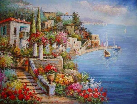 Mediterranean Sea Painting, Canvas Painting, Landscape Painting, Wall Art, Large Painting, Bedroom Wall Art, Oil Painting, Canvas Wall Art, Seascape, Spain Summer Resort-Art Painting Canvas