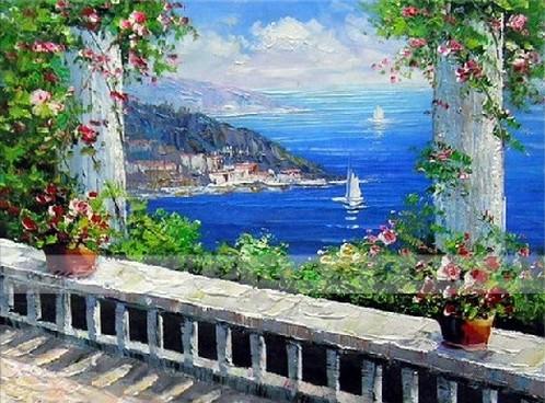 Canvas Painting, Landscape Painting, Wall Art, Canvas Painting, Large Painting, Bedroom Wall Art, Oil Painting, Canvas Art, Sailing Boat at Sea, Italy Summer Resort-Art Painting Canvas