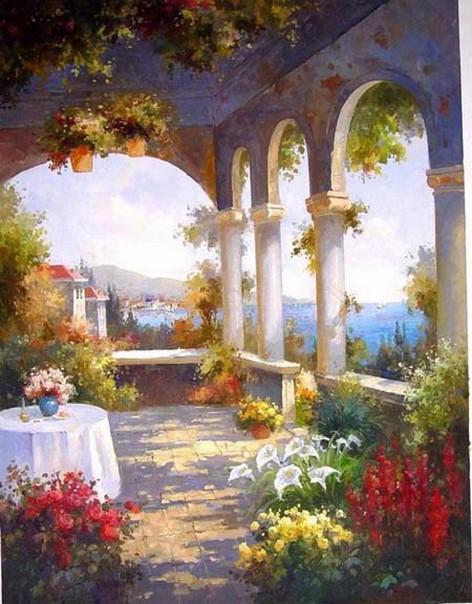 Summer Resort Painting, Canvas Painting, Landscape Painting, Wall Art, Large Painting, Living Room Wall Art, Oil Painting, Canvas Wall Art, Spain Summer Resort-Art Painting Canvas