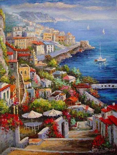 Landscape Painting, Wall Art, Large Painting, Mediterranean Sea Painting, Canvas Painting, Kitchen Wall Art, Oil Painting, Art on Canvas, Seashore Town, France Summer Resort-Art Painting Canvas