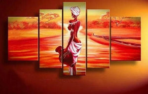 African Girl, Sunset Painting, Canvas Painting, African Woman Painting, 5 Piece Canvas Art, Abstract Wall Painting-Art Painting Canvas
