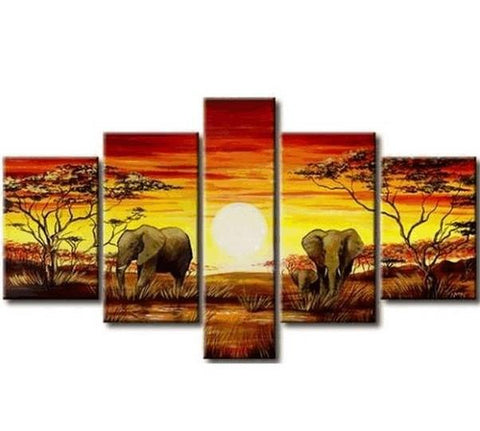 African Painting, Elephant Painting, Living Room Art, 5 Piece Wall Art, Living Room Wall Painting-Art Painting Canvas