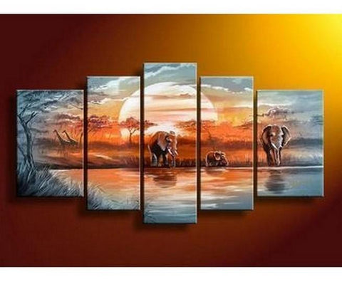 Elephant Painting, African Painting, Abstract Art, Canvas Painting, Wall Art, Large Art, Abstract Painting, Living Room Art, 5 Piece Wall Art-Art Painting Canvas