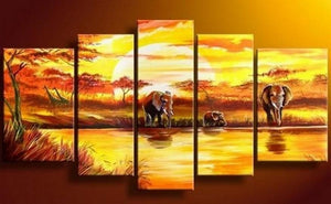 Elephant Painting, African Painting, Abstract Wall Art, Canvas Painting, Wall Art, Large Art, Abstract Painting, Living Room Art, 5 Piece Wall Art-Art Painting Canvas