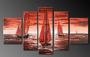 Sailing Boat art Sea, Sunset Art, Abstract Art, Wall Art, Large Art, Abstract Painting, 5 Piece Wall Art, Landscape Painting-Art Painting Canvas