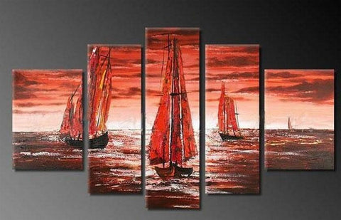 Sailing Boat art Sea, Sunset Art, Abstract Art, Wall Art, Large Art, Abstract Painting, 5 Piece Wall Art, Landscape Painting-Art Painting Canvas
