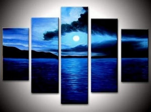 Large Canvas Art, Abstract Art, Canvas Painting, Abstract Painting, Bedroom Art Decor, 5 Piece Art, Canvas Art Painting, Moon Rising from Sea, Ready to Hang-Art Painting Canvas