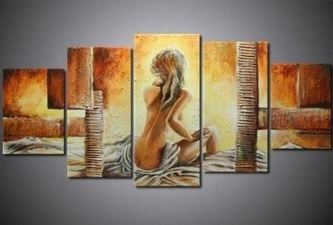 5 Piece Abstract Painting, Bedroom Wall Art Paintings, Girl After Bath, Modern Acrylic Paintings, Large Painting for Sale-Art Painting Canvas