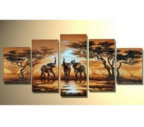 Large Canvas Art, Abstract Art, African Elephant Art, Canvas Painting, Abstract Painting, Living Room Art painting, 5 Piece Art, Modern Art-Art Painting Canvas