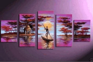 Large Canvas Art, 5 Piece Canvas Painting, Abstract Painting for Sale, African Woman Art, Boat at Lake River Art, Ready to Hang Painting-Art Painting Canvas