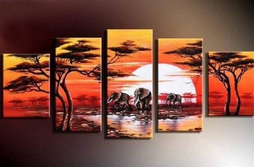 Large Canvas Art, Abstract Art, Canvas Painting, Abstract Painting, African Art, Elephant Sunset Art, Home Art, 5 Piece Wall Art, Landscape Art, Ready to Hang-Art Painting Canvas