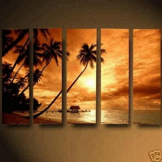 Abstract Art, Hawaii Seashore Sunset, Large Wall Art, Landscape Painting, Canvas Painting, Oil Painting, 5 Piece Wall Art, Huge Wall Art, Ready to Hang-Art Painting Canvas