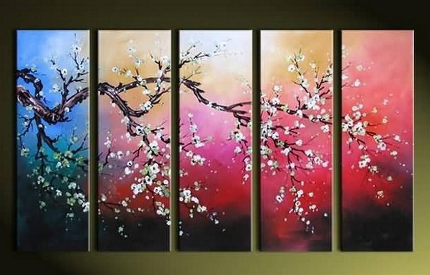Plum Tree Painting, Flower Art, Abstract Painting, 5 Piece Wall Art, Huge Painting, Acrylic Art, Ready to Hang-Art Painting Canvas