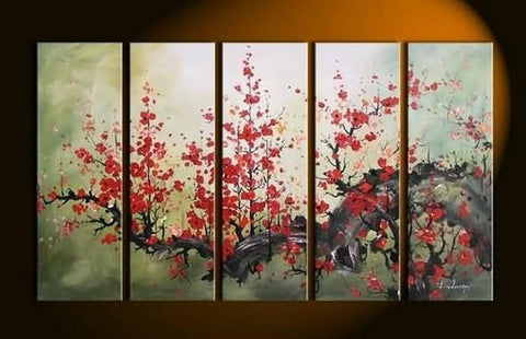 XL Canvas Art, Abstract Art, Abstract Painting, Flower Art, Canvas Painting, Plum Tree Painting, 5 Piece Wall Art, Huge Painting, Acrylic Art, Ready to Hang-Art Painting Canvas