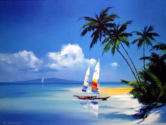 Hawaii Beach, Seashore Painting, Sail Boat Painting, Canvas Art, Canvas Painting, Oil Painting, Wall Art, Large Painting, Canvas Painting, Canvas Art-Art Painting Canvas