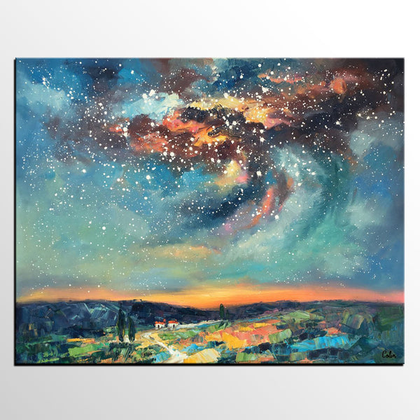 Landscape Painting, Custom Large Canvas Wall Art, Starry Night Sky Canvas Painting, Heavy Texture Wall Art-Art Painting Canvas