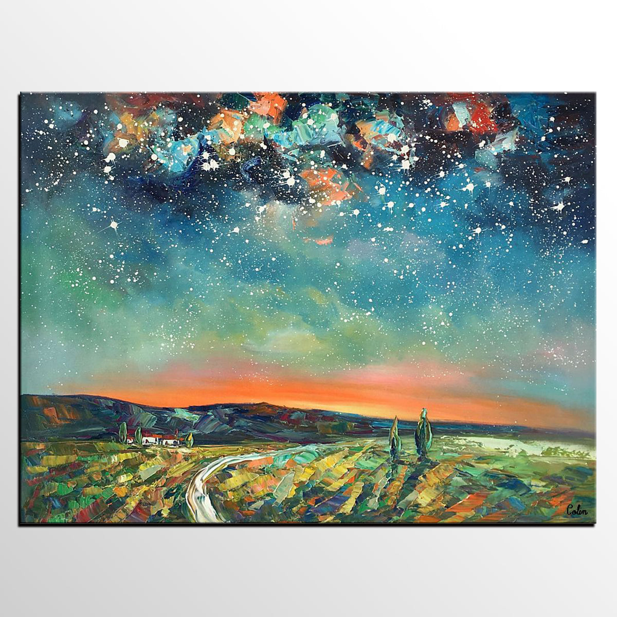 Abstract Landscape Oil Painting, Starry Night Sky Painting, Custom Large Canvas Painting, Heavy Texture Painting-Art Painting Canvas