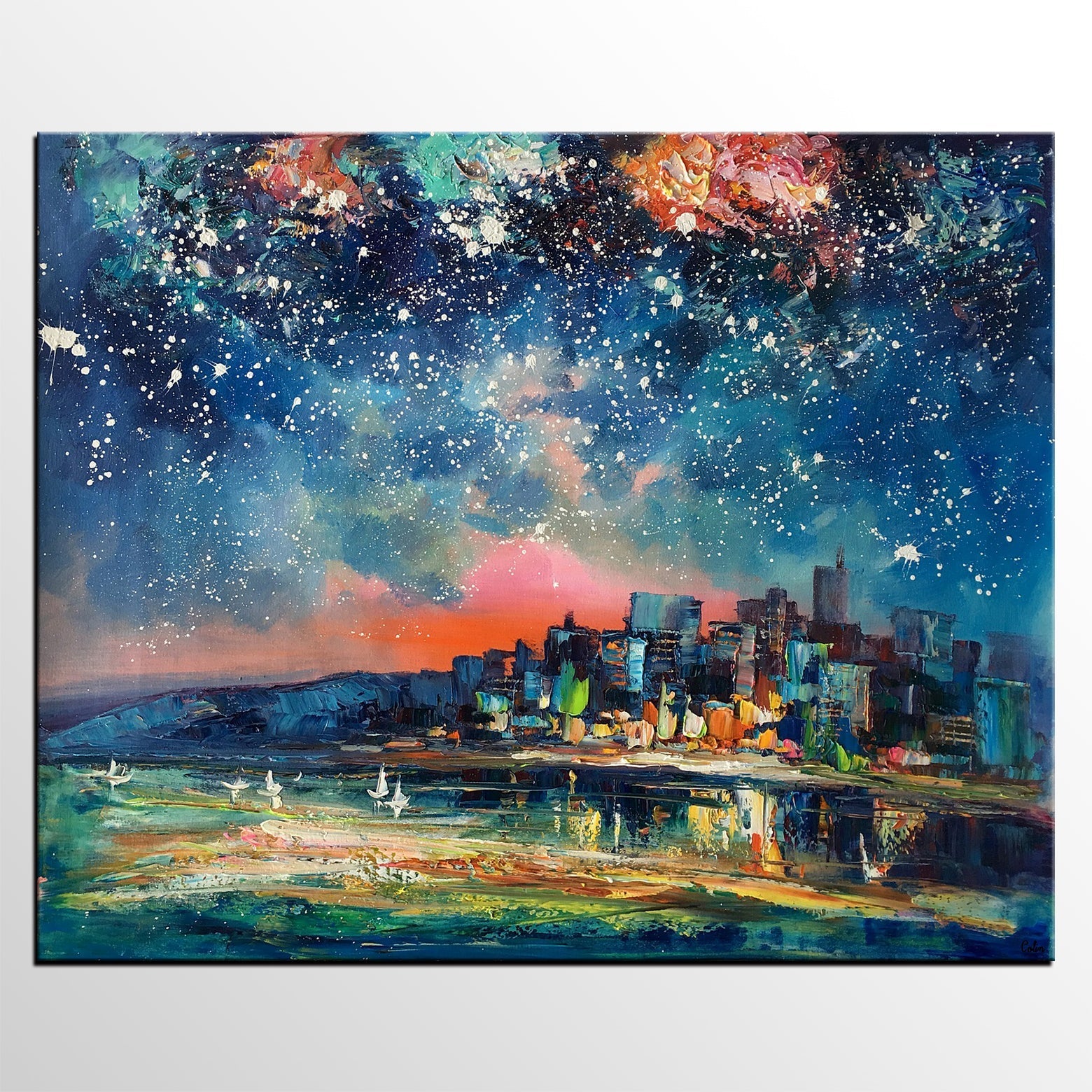 Abstract Oil Painting for Sale, Sail Boat under Starry Night Sky Painting, Custom Original Painting, Landscape Painting-Art Painting Canvas