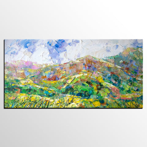 Mountain Landscape Painting, Spring Mountain Painting, Custom Original Painting on Canvas, Landscape Painting for Dining Room-Art Painting Canvas