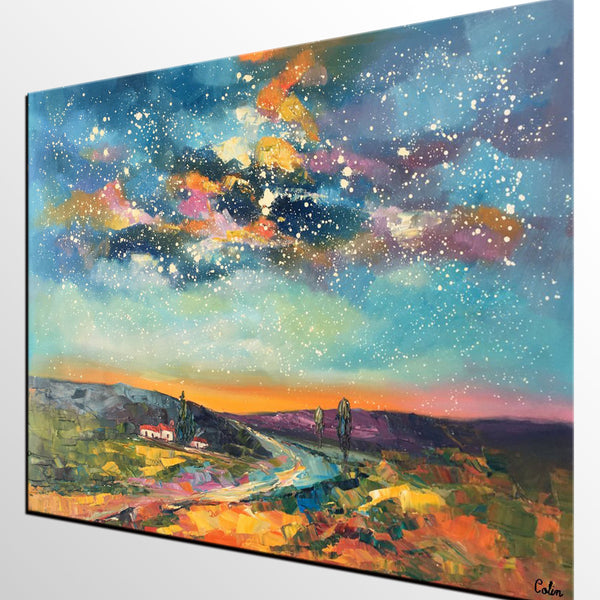 Custom Large Landscape Painting, Starry Night Sky Painting, Living Room Wall Art, Canvas Painting, Impasto Art, Oil Painting-Art Painting Canvas