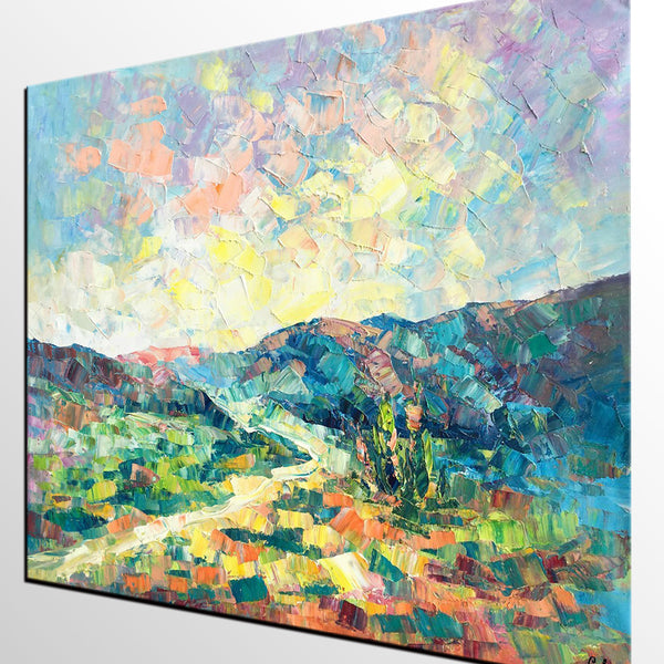Canvas Painting, Heavy Texture Artwork, Spring Mountain Painting, Custom Landscape Oil Painting-Art Painting Canvas