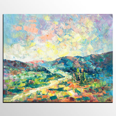 Canvas Painting, Heavy Texture Artwork, Spring Mountain Painting, Custom Landscape Oil Painting-Art Painting Canvas