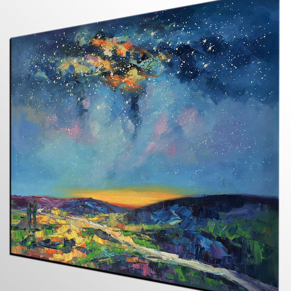 Bedroom Art, Abstract Painting, Starry Night Sky, Landscape Painting, Custom Large Art-Art Painting Canvas