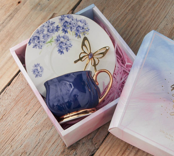 Elegant Purple Ceramic Cups, Unique Coffee Cup and Saucer in Gift Box as Birthday Gift, Beautiful British Tea Cups, Creative Bone China Porcelain Tea Cup Set-Art Painting Canvas