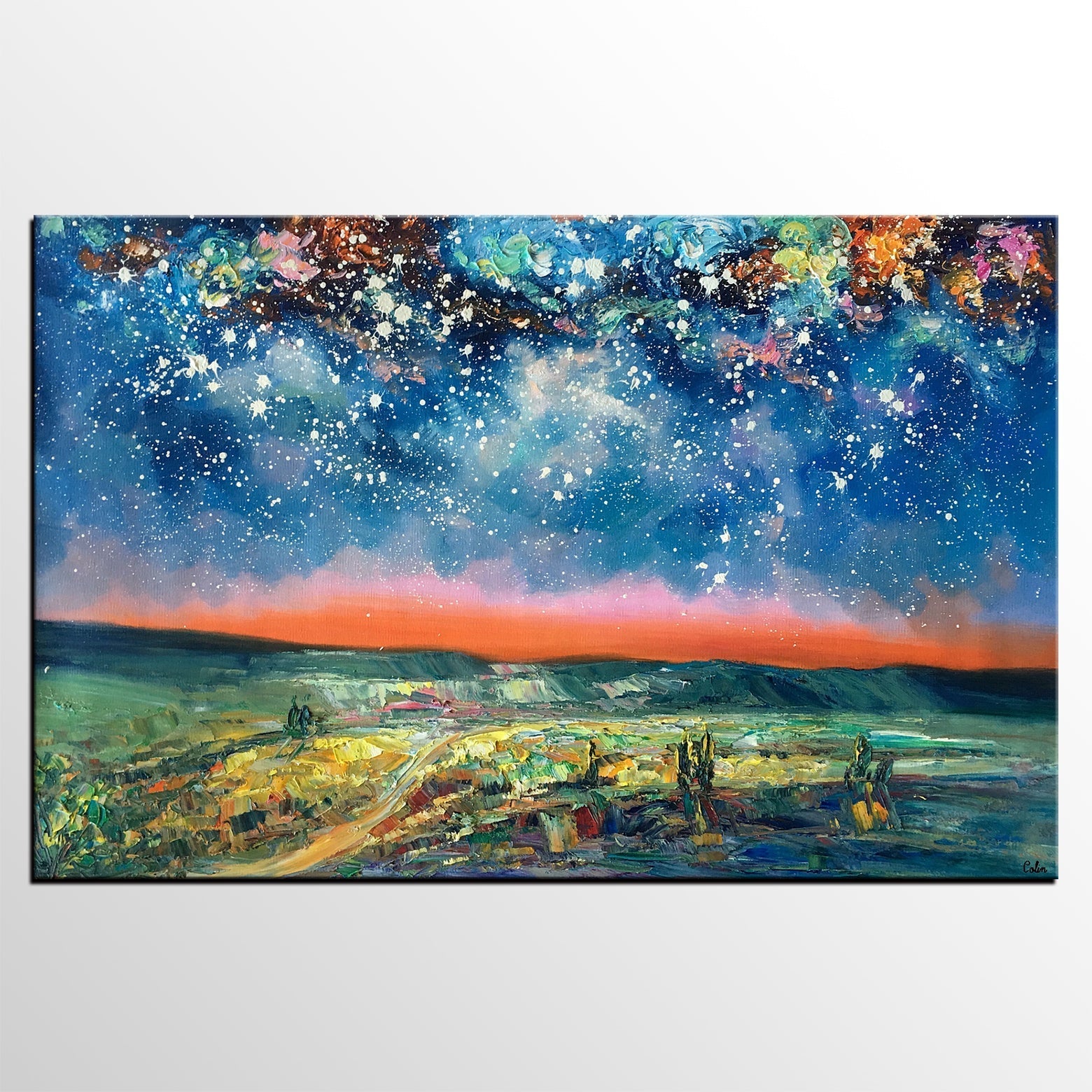 Landacape Canvas Painting, Starry Night Sky Painting, Original Landscape Painting, Heavy Texture Art Painting, Palette Knife Painting-Art Painting Canvas