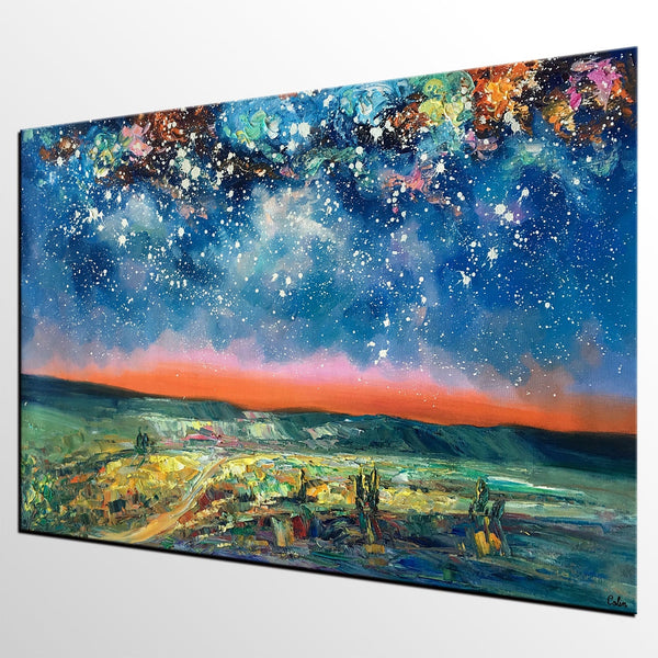 Landacape Canvas Painting, Starry Night Sky Painting, Original Landscape Painting, Heavy Texture Art Painting, Palette Knife Painting-Art Painting Canvas