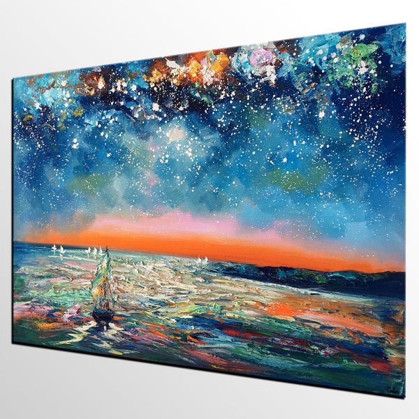 Canvas Painting Landscape, Oil Painting on Canvas, Sail Boat under Starry Night Sky Painting, Custom Art, Landscape Painting for Living Room-Art Painting Canvas
