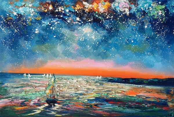 Canvas Painting Landscape, Oil Painting on Canvas, Sail Boat under Starry Night Sky Painting, Custom Art, Landscape Painting for Living Room-Art Painting Canvas