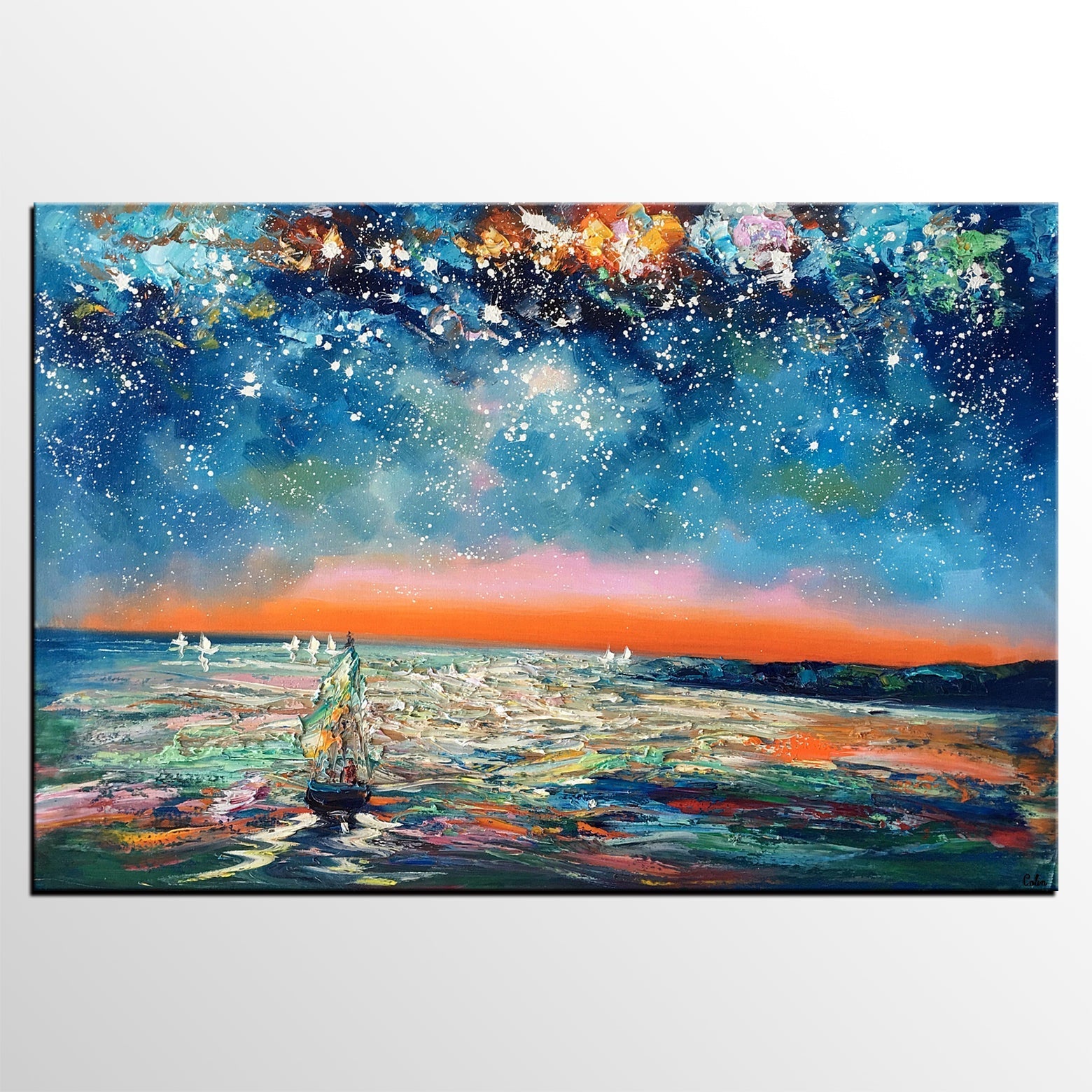 Canvas Painting Landscape, Oil Painting on Canvas, Sail Boat under Starry Night Sky Painting, Custom Art, Landscape Painting for Living Room-Art Painting Canvas