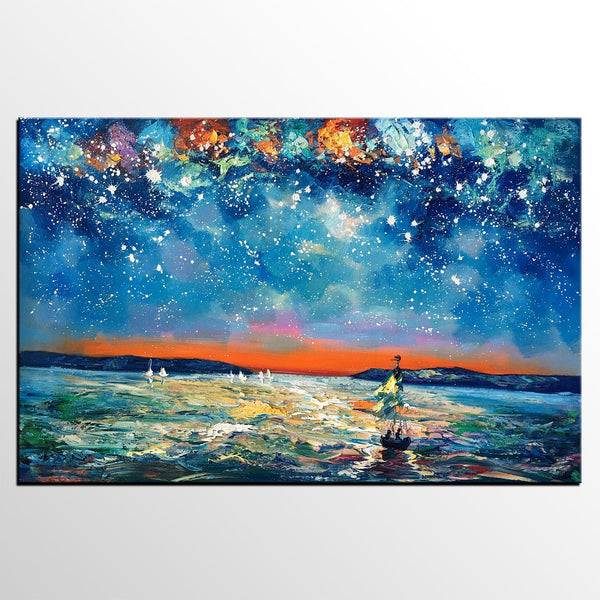 Large Canvas Art Painting, Sail Boat under Starry Night Painting, Custom Large Oil Painting-Art Painting Canvas