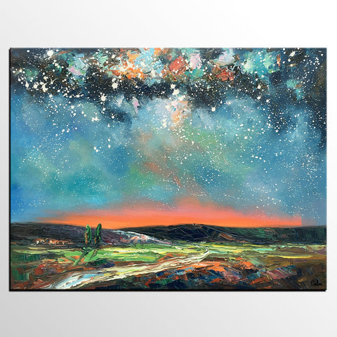 Landscape Canvas Painting, Starry Night Sky Painting, Hand Painted Canvas Art Painting, Landscape Painting for Bedroom, Custom Canvas Painting for Sale-Art Painting Canvas