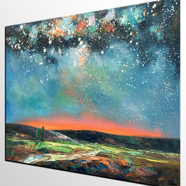 Landscape Canvas Painting, Starry Night Sky Painting, Hand Painted Canvas Art Painting, Landscape Painting for Bedroom, Custom Canvas Painting for Sale-Art Painting Canvas